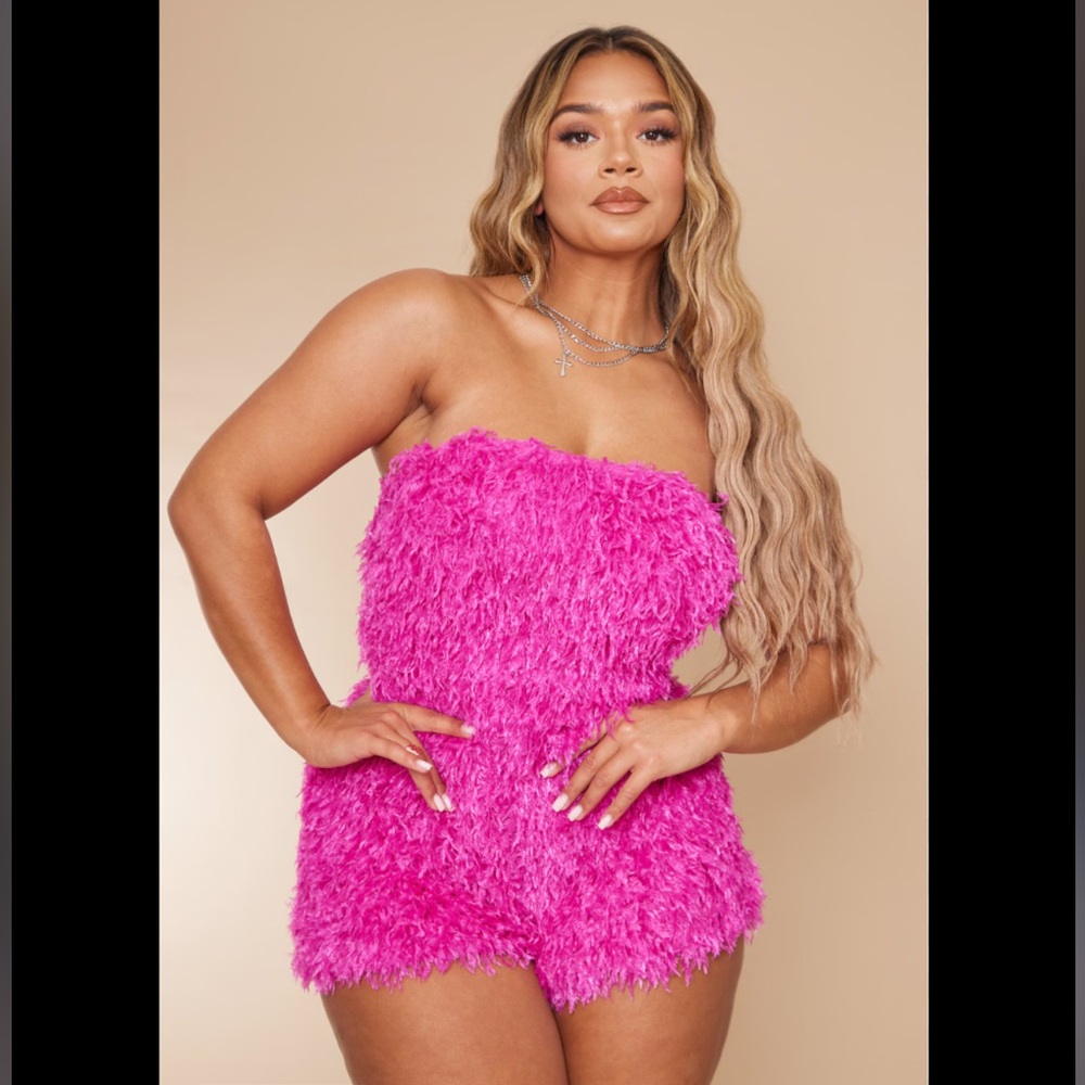 Pretty Little Thing Vibrant Pink Strapless Fuzzy Romper UK 6 XS